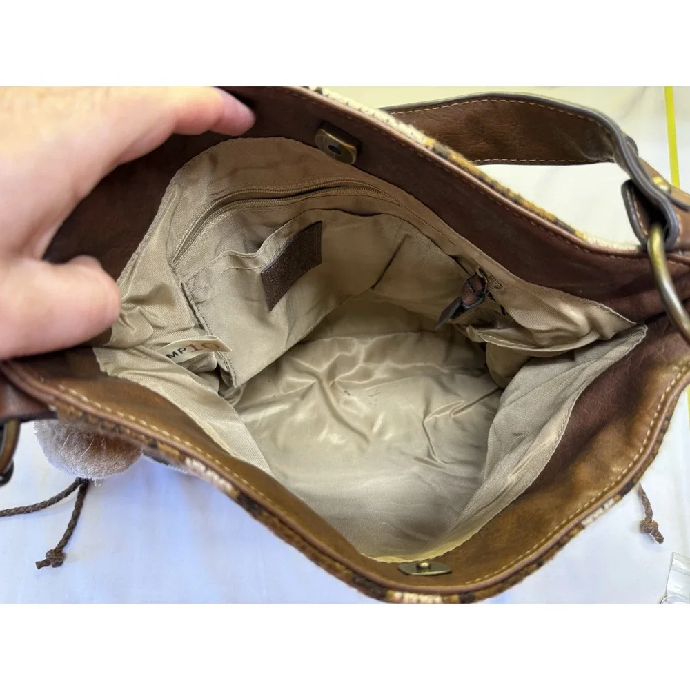Vintage Tapestry &Faux Leather Purse Shoulder Handbag Tan & Brown By Stamp 10